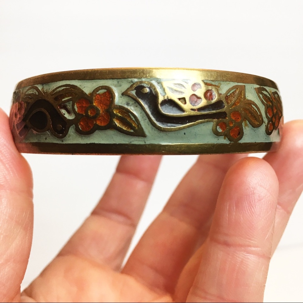 VTG Brass Bangle Bracelet Slip On Signed India Boho Hippie Floral Bird Pattern